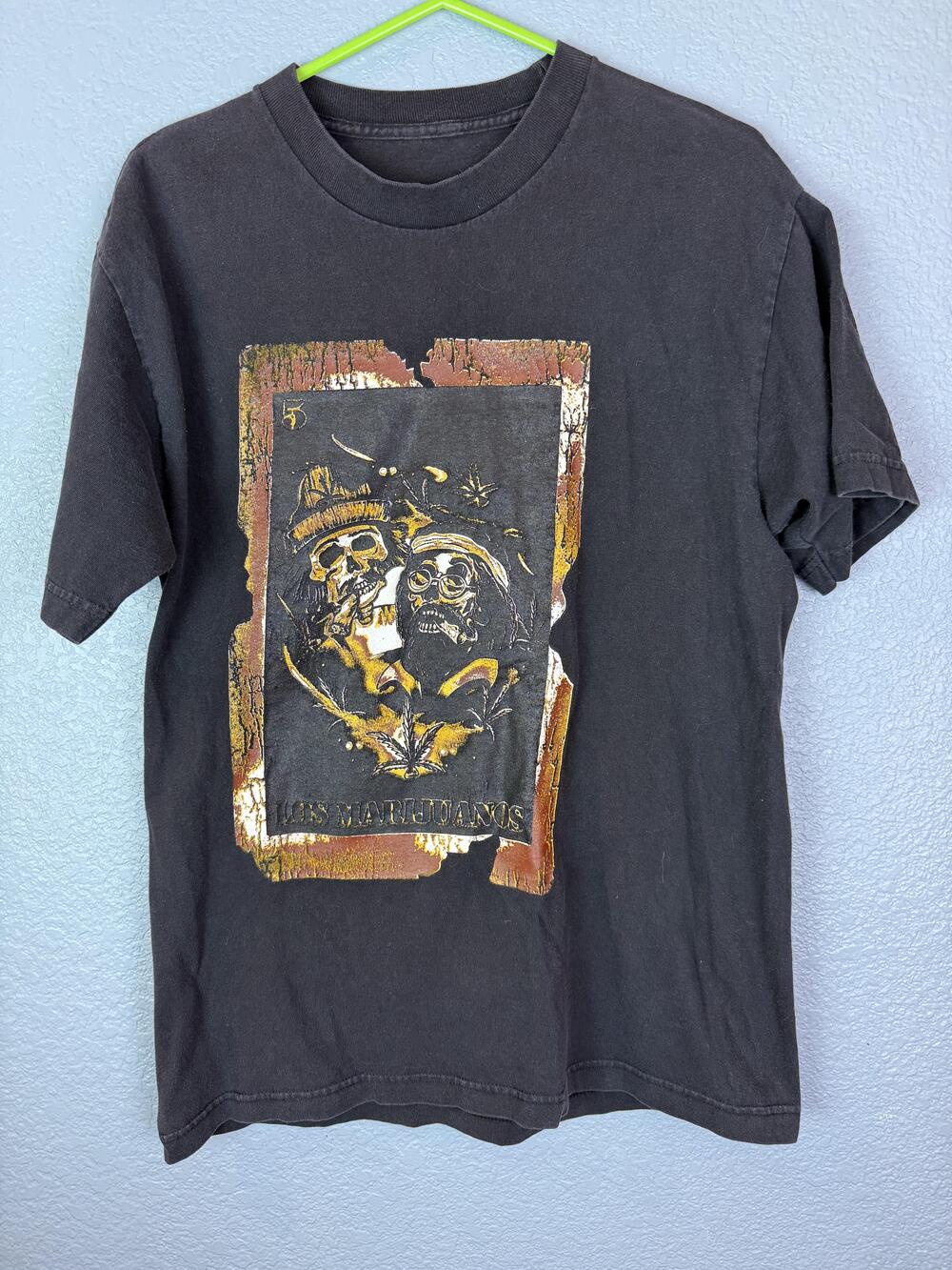 Vintage Los Marijuanos Shirt Mens Large Black Skull Weed Graphic Tee 90s Rare